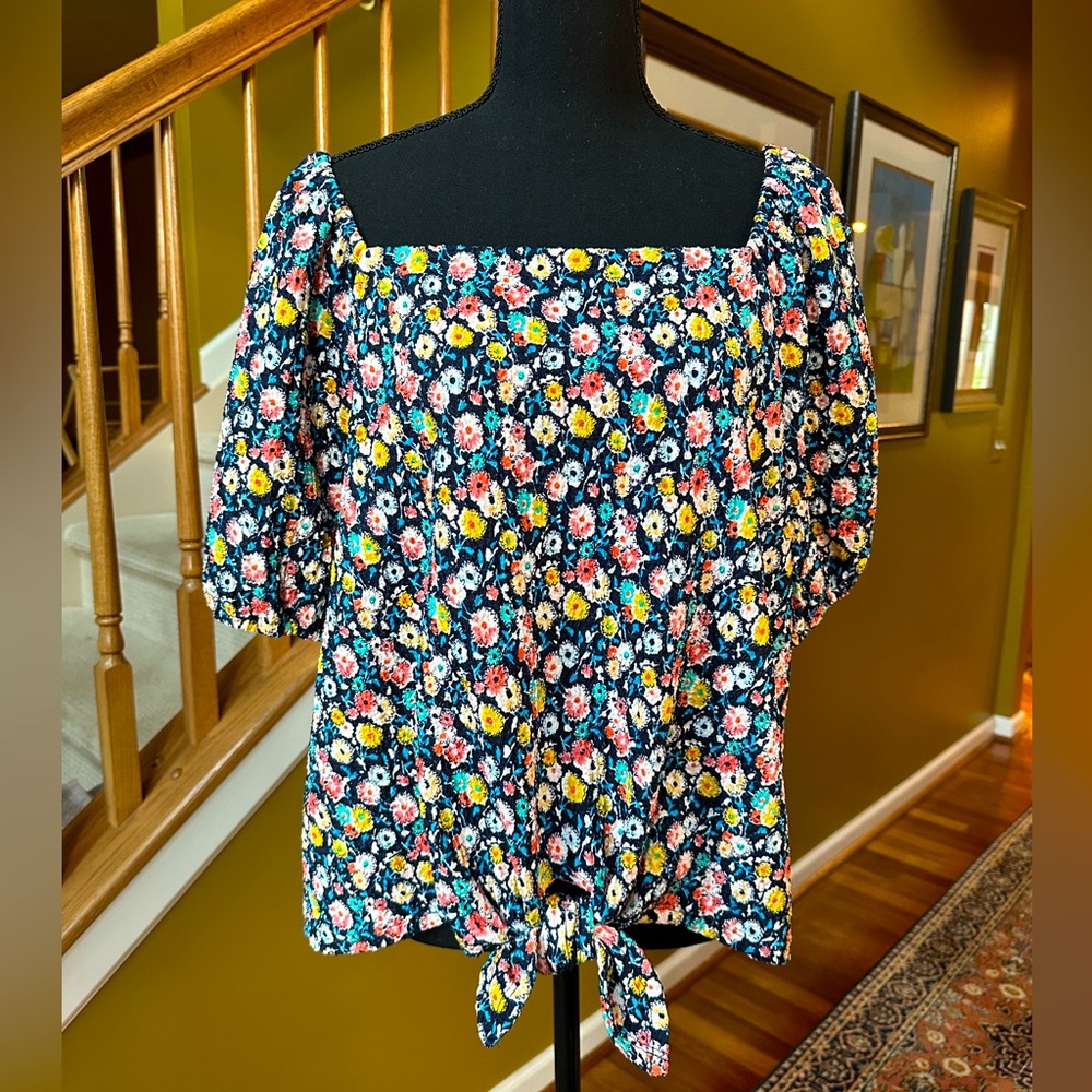 LOFT Floral Short-sleeve Waist-tied Blouse